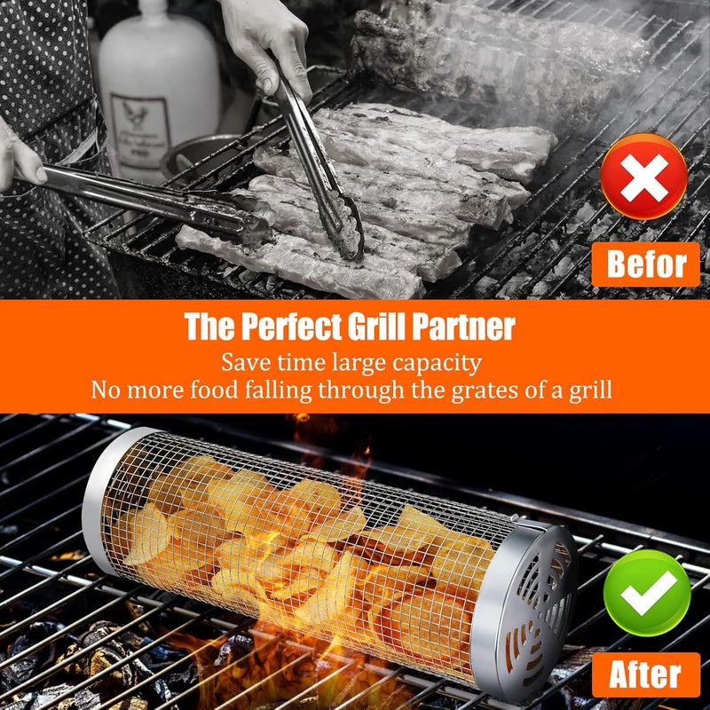 Ossaag 10-Piece BBQ Set: 2 Rolling Grill Baskets for Effortless Flipping, 304 Stainless Steel for Easy Clean, Sausage & Vegetables, Oil Bottle, Forks, Brushes, Outdoor Camping Grilling Accessories, Gifts for Men Dad Husband - Image 3